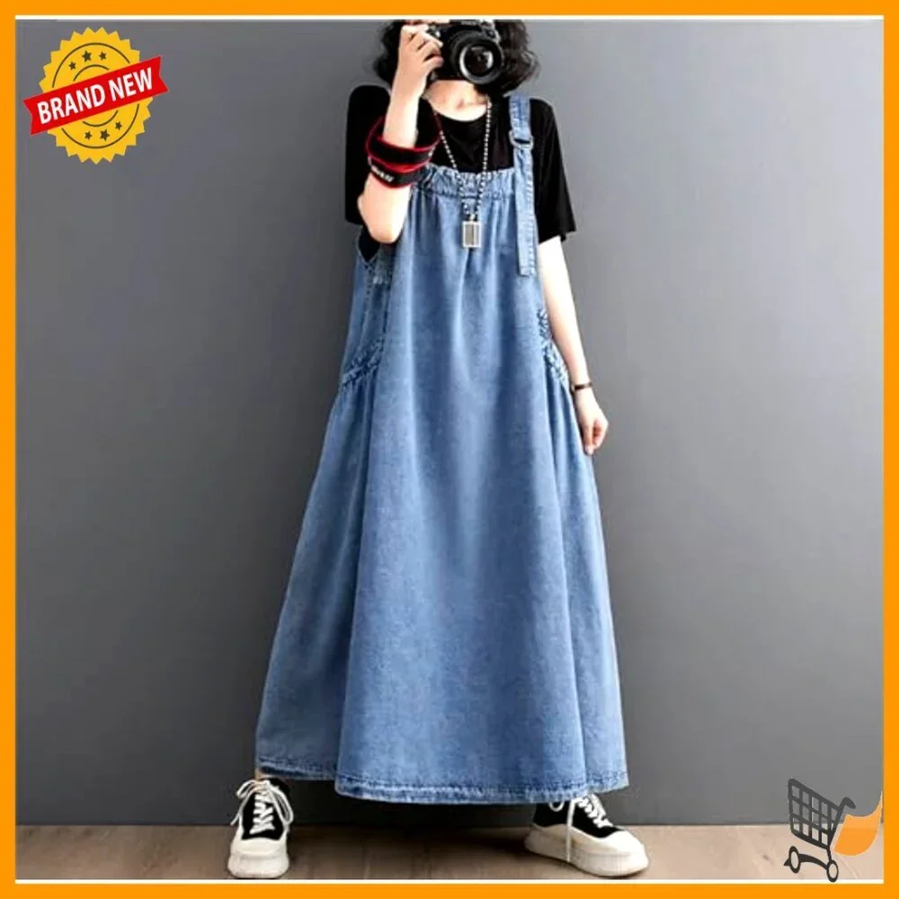 Loose Denim Jumper Dress with Adjustable Straps and Pockets - Picture 2 of 6